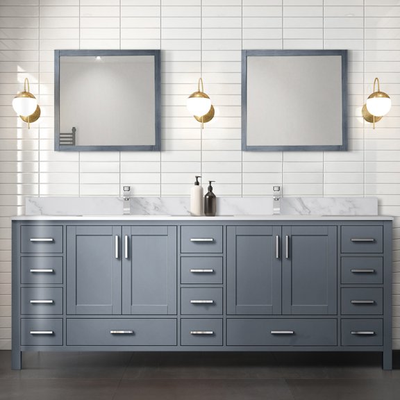 84" W X 22" D Dark Grey Bath Vanity With Marble Top. Solid Wood Construction, Soft Close. Scratch And Stain Countertop. Two Cabinets, Fourteen Drawers Open Shelf For Storage. Pre-drilled Faucet