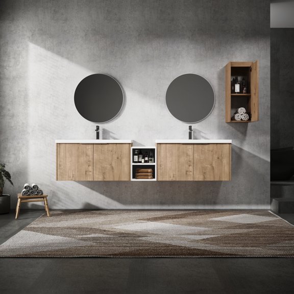 84" Wall-Mounted, Separate Side Cabinets - Single Resin Sink - Bathroom Setup - Extra Storage