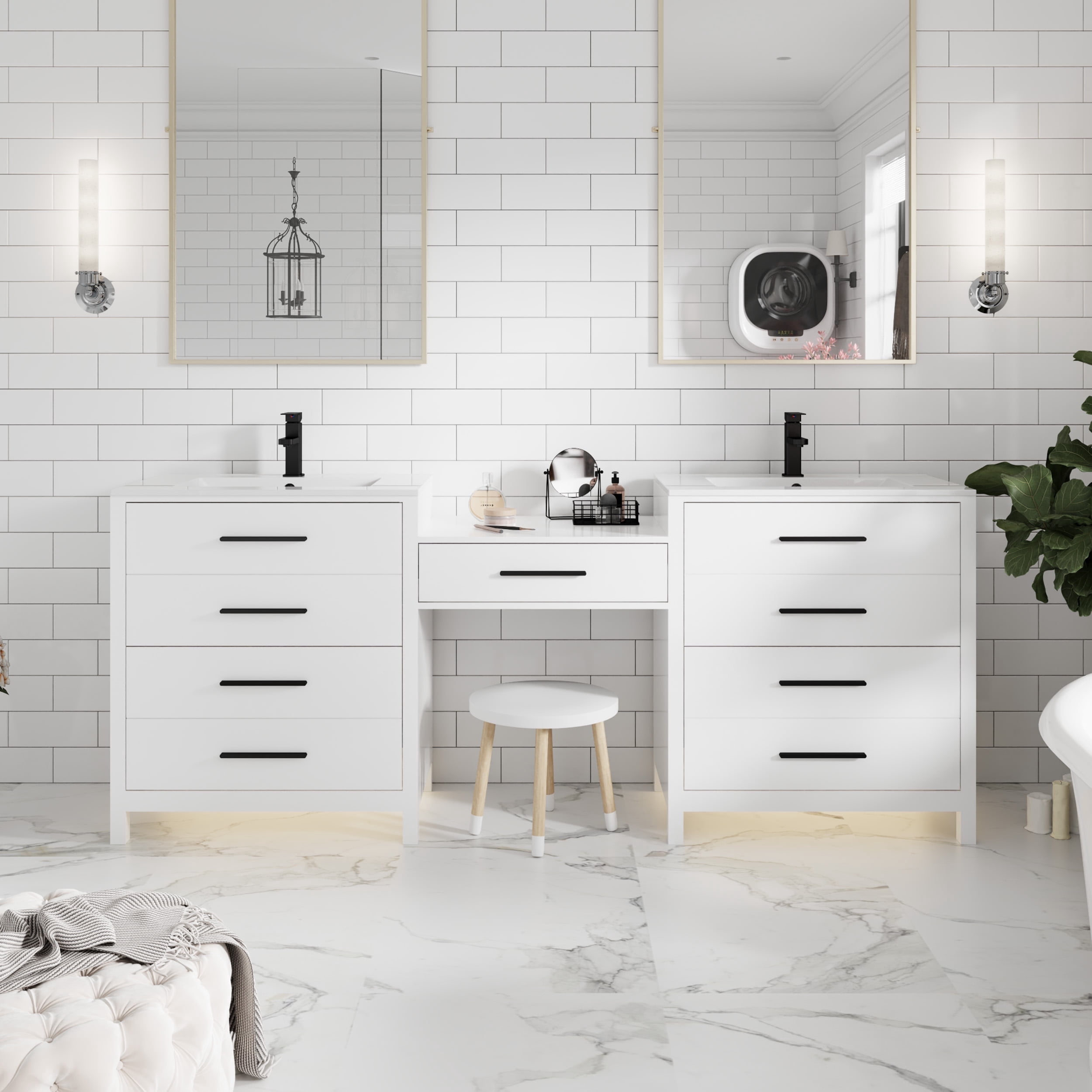 Eclife 84-Inch White Double Sink Bathroom Vanity with Makeup Countertop