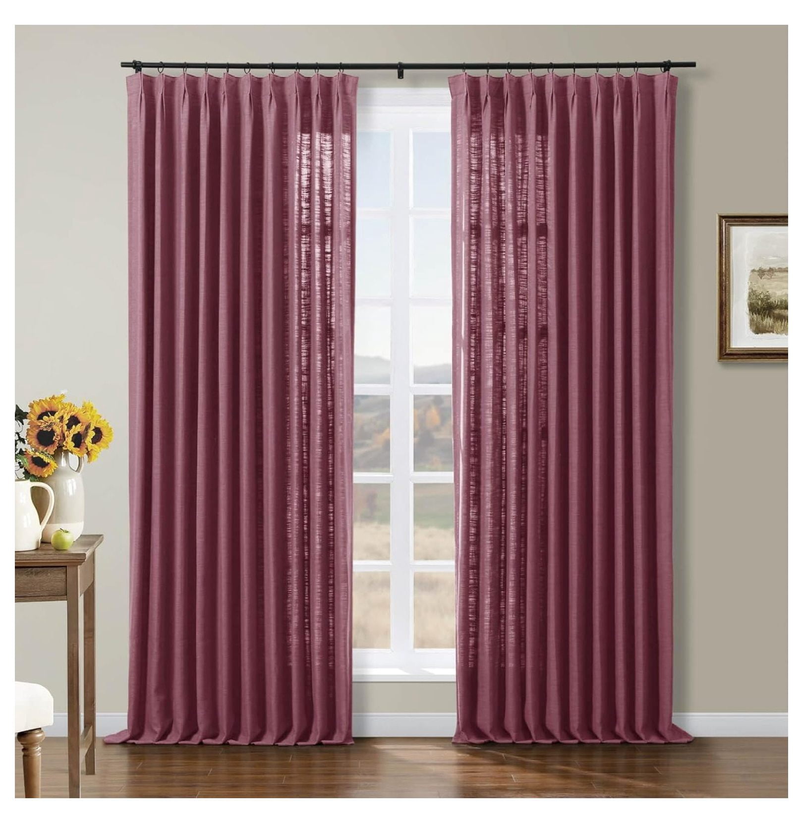 84”Wx96”L Pinch Pleated Linen Curtain for Living Room Window, Burgundy ...