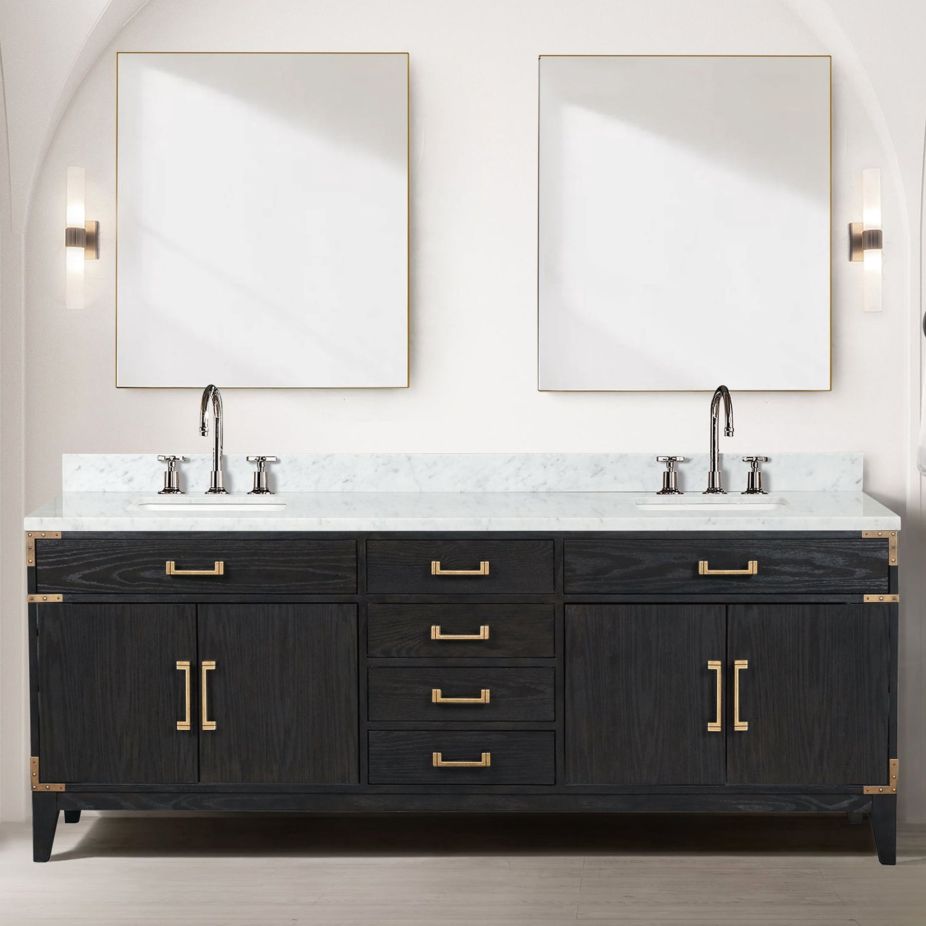 84" X 22" Black Oak Double Bath Vanity With Sealed Marble Top And ...