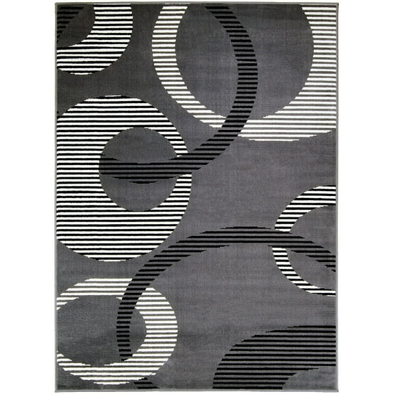 84 X 60 Inches Polyester Rug with Abstract Geometric Striped Rings, Gray and White- Saltoro Sherpi