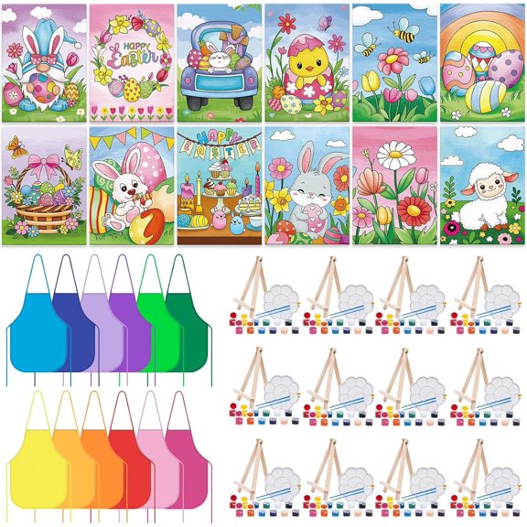 84 count Party Set Party Favors 12 Pre Drawn Canvas 12 Brushes 12 Palettes 12 Set Paints 12 Apron Canvas Painting Kit for Art Party (Easter)