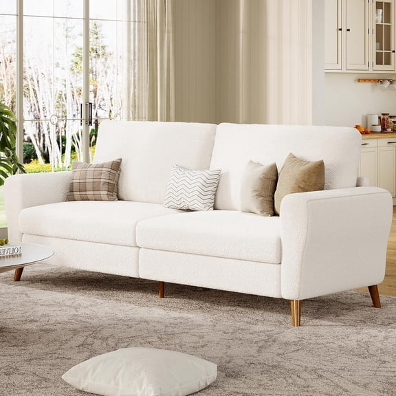 84 in Modern Sofa Couch, Large 3-Seater with Streamlined Arms, Boucle Upholstery and Wood Feet, White