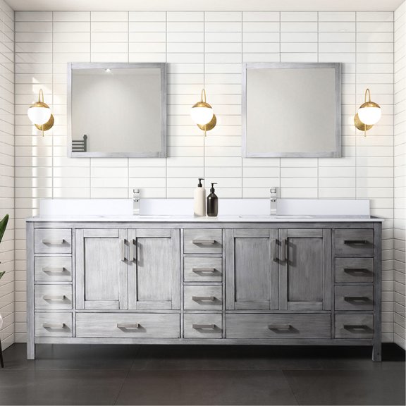 84 in. W Distressed Grey Double Bath Vanity with Solid Wood Frame / Soft Close, Ample Storage & Scratch-Resistant Marble Top