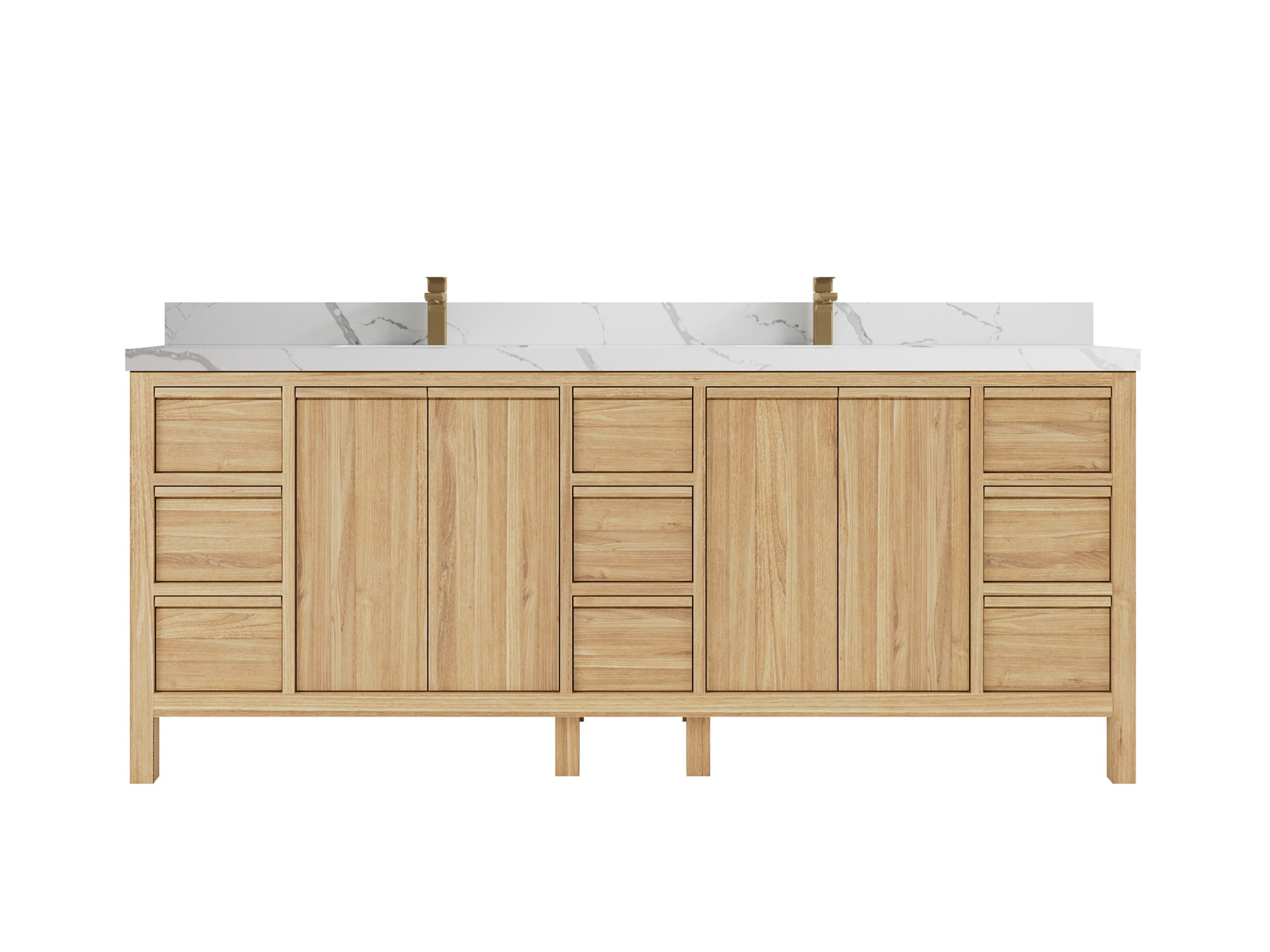 Elizabeth 84" Light Brown Teak Double Sink Bathroom Vanity with Calacatta Quartz Top