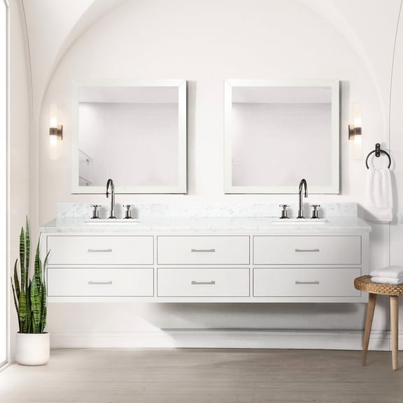 84 in. Wide White Double Vanity / Includes Chrome Faucets, Carrara Marble Top and Mirrors