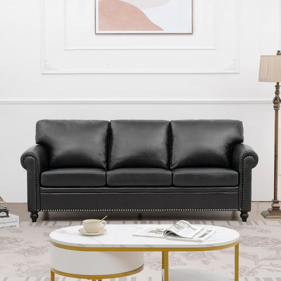 84 inch Loveseat Sofa,Mid Century Modern 3 Seater Couch with Bubble Nail Decoration,Love Seat Sofa for Bedroom, Apartment, Home, Office,Black PU