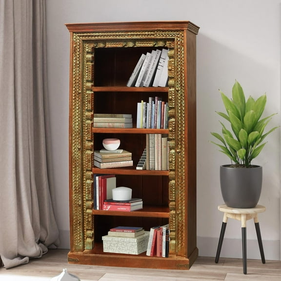 84 inch Tall Solid Wood Antique Carved Bookcase with Rustic Handmade Open Display Case | Vintage Farmhouse 3 shelves Office Bookshelf
