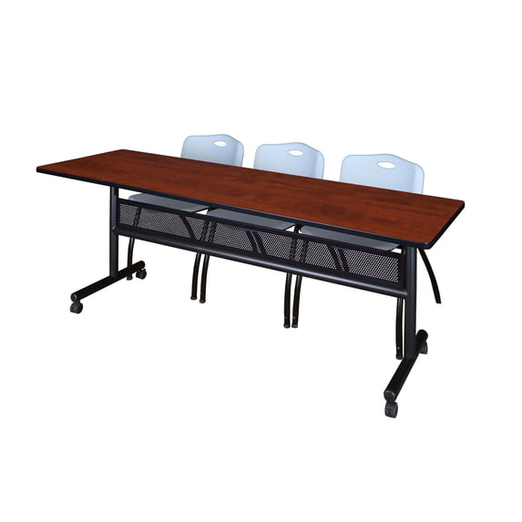 84" x 24" Flip Top Mobile Training Table with Modesty Panel- Cherry and 3 "M" Stack Chairs- Grey