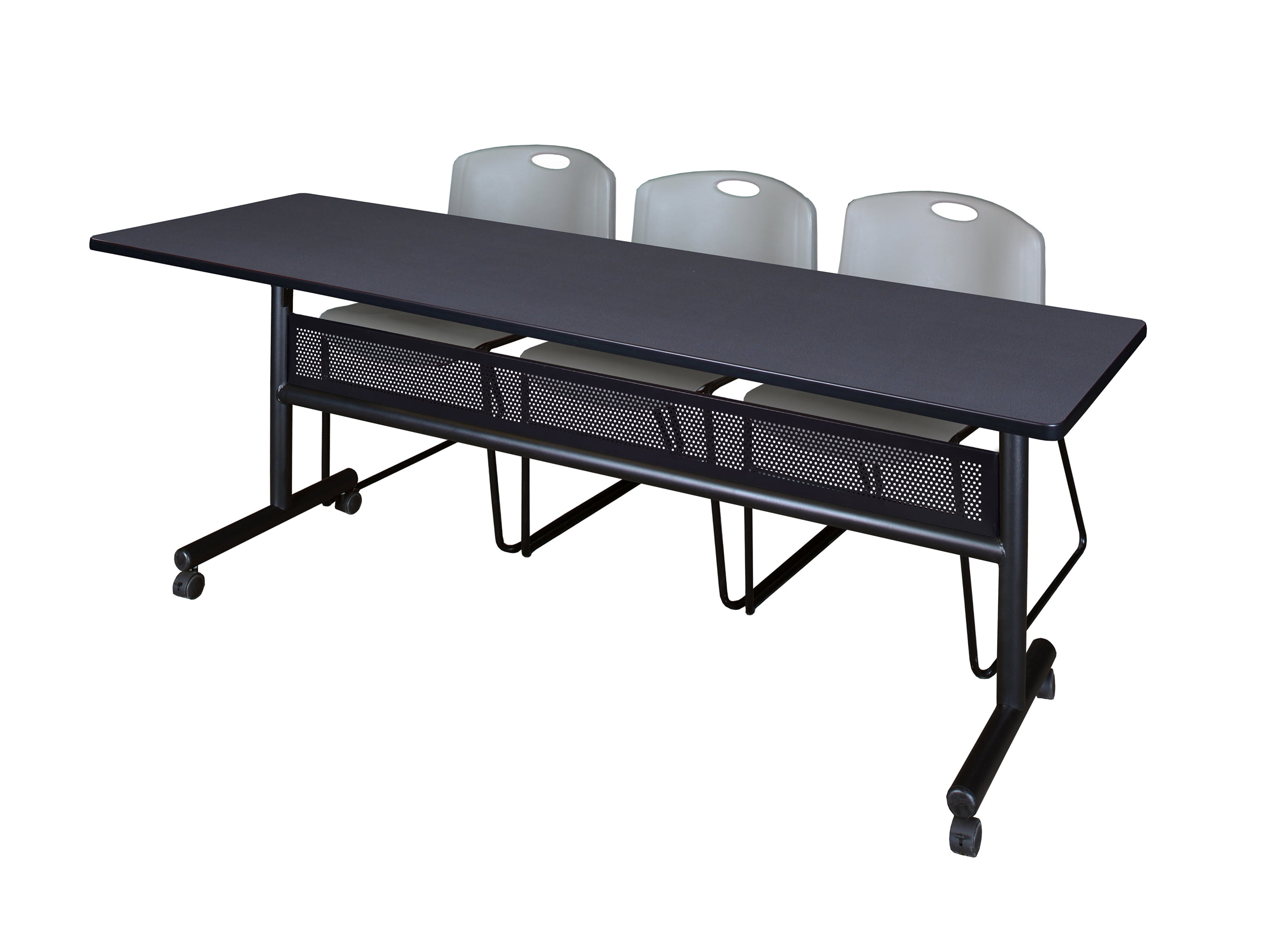 84" x 24" Flip Top Mobile Training Table with Modesty Panel- Grey and 3 Zeng Stack Chairs- Grey