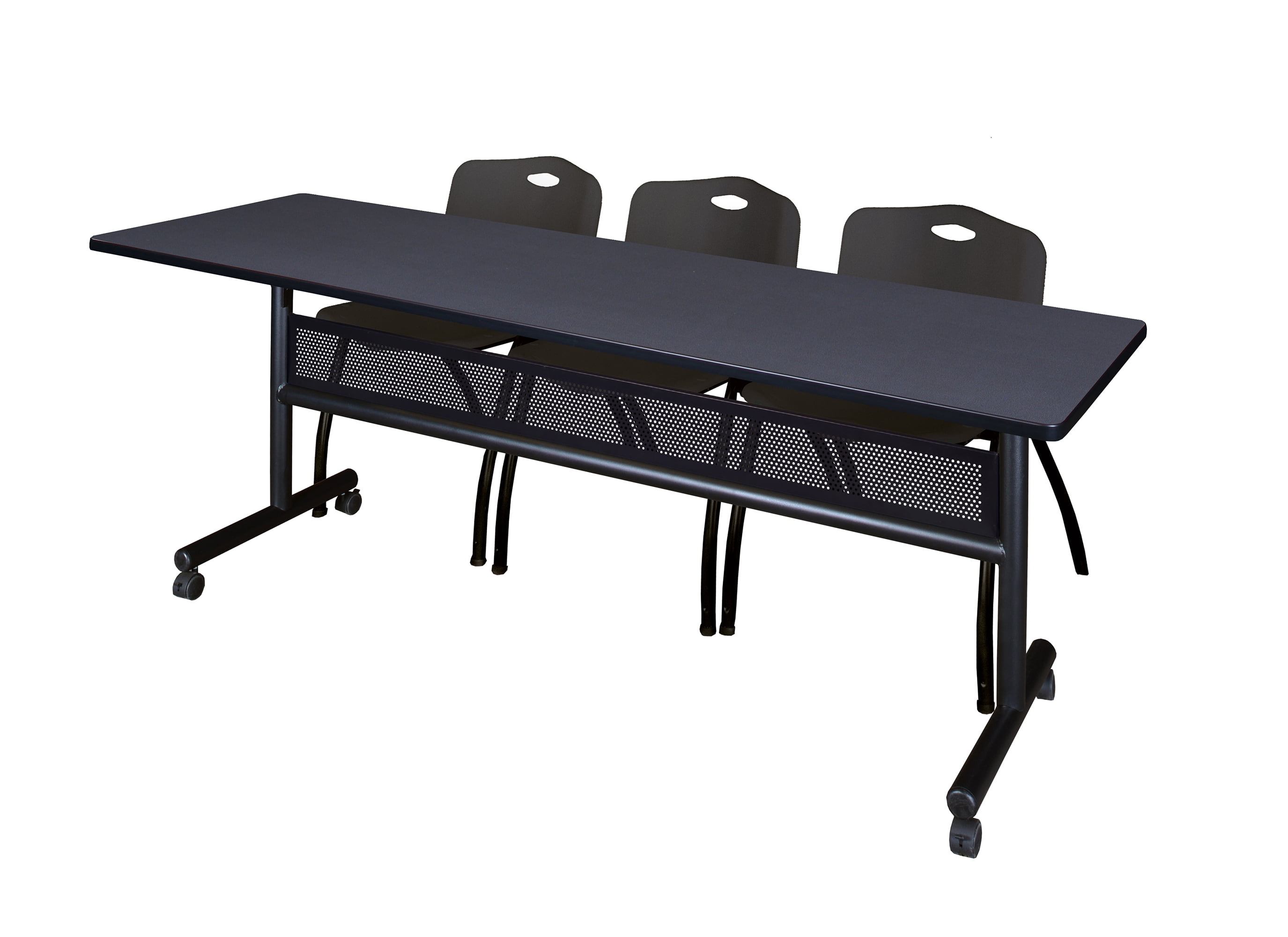 84" x 24" Flip Top Mobile Training Table w/ Divider- Grey & 3 Stack Chairs