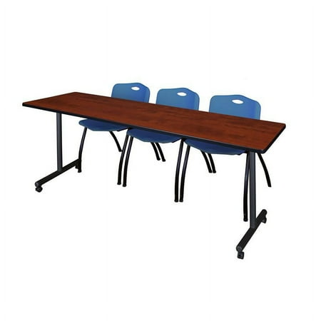 84" x 24" Kobe Mobile Training Table- Cherry & 3 'M' Stack Chairs- Blue