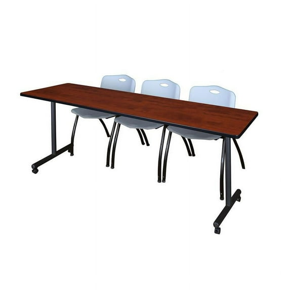 84" x 24" Kobe Mobile Training Table- Cherry & 3 'M' Stack Chairs- Grey