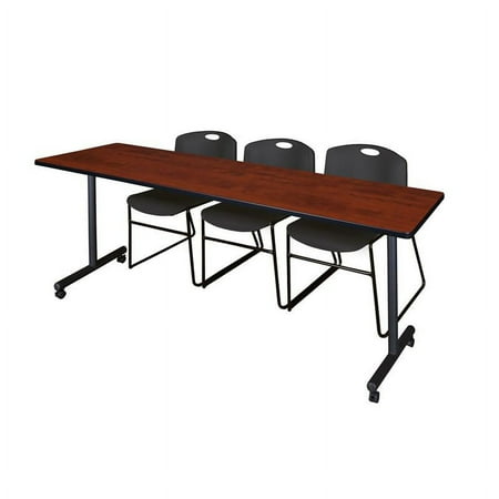 84" x 24" Kobe Mobile Training Table- Cherry & 3 Zeng Stack Chairs- Black