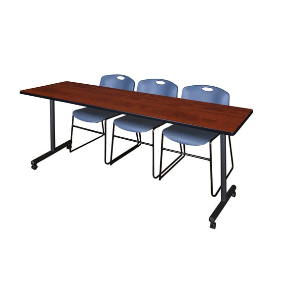 Regency Kobe 84 x 24 in. Mobile T-Base Training Table- Cherry, 2 Zeng Stack Chairs- Blue