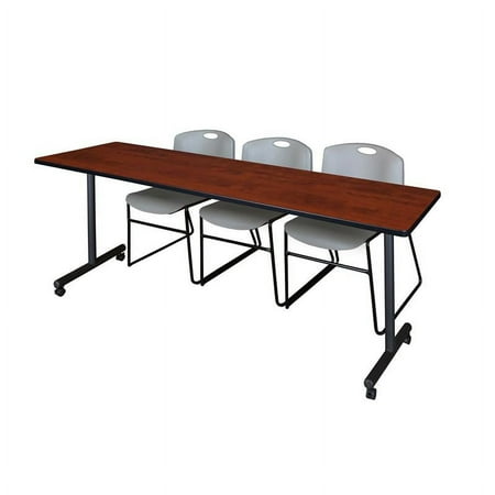 84" x 24" Kobe Mobile Training Table- Cherry & 3 Zeng Stack Chairs- Grey