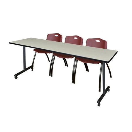 84" x 24" Kobe Mobile Training Table- Maple & 3 'M' Stack Chairs- Burgundy