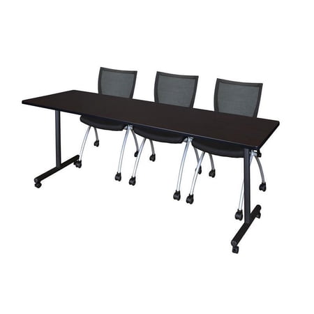 84" x 24" Kobe Mobile Training Table- Mocha Walnut & 3 Apprentice Chairs- Black