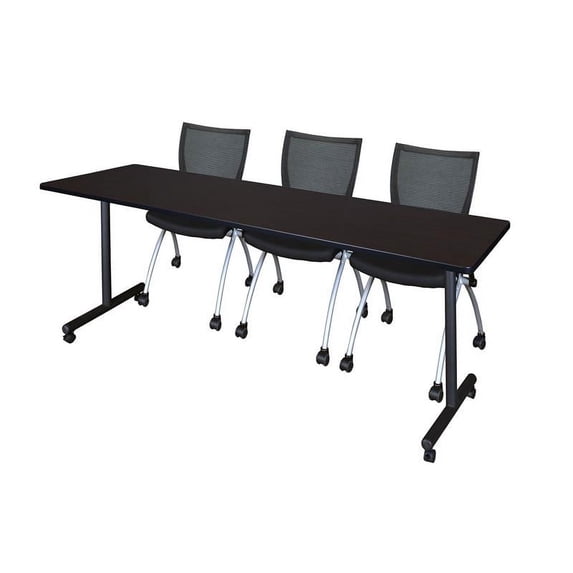 84" x 24" Kobe Mobile Training Table- Mocha Walnut & 3 Apprentice Chairs- Black