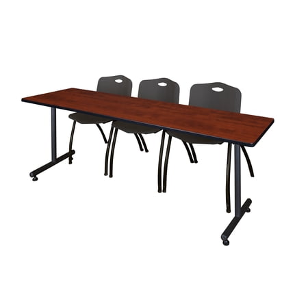 Regency Kobe 84 x 24 in. T-Base Training Seminar Table- Cherry, 2 M Stack Chairs- Black