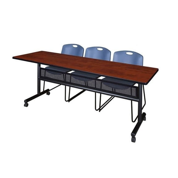 84 x 24 in. Flip Top Mobile Training Table with Modesty Panel - Cherry & Blue 3 Zeng Stack Chairs