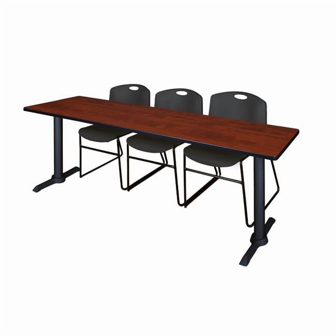 84 x 24 in. Cain Training Table with Cherry & Black 3 Zeng Stack Chairs ...