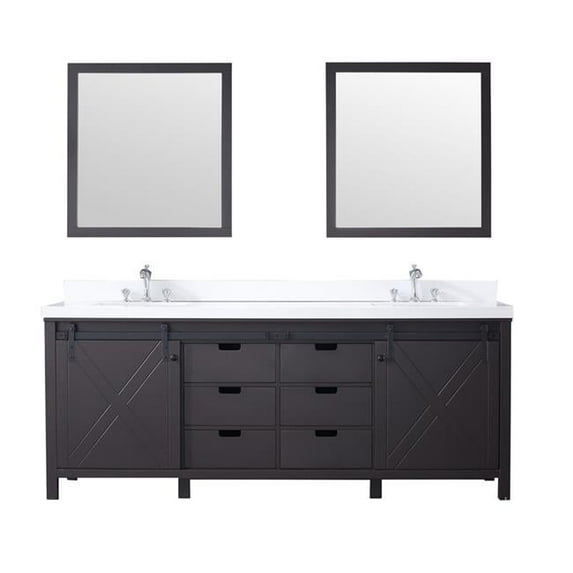 84 x 34 in. Marsyas Double Vanity Set with Quartz Top Ceramic Square Undermount Sinks & Mirrors - Brown with White