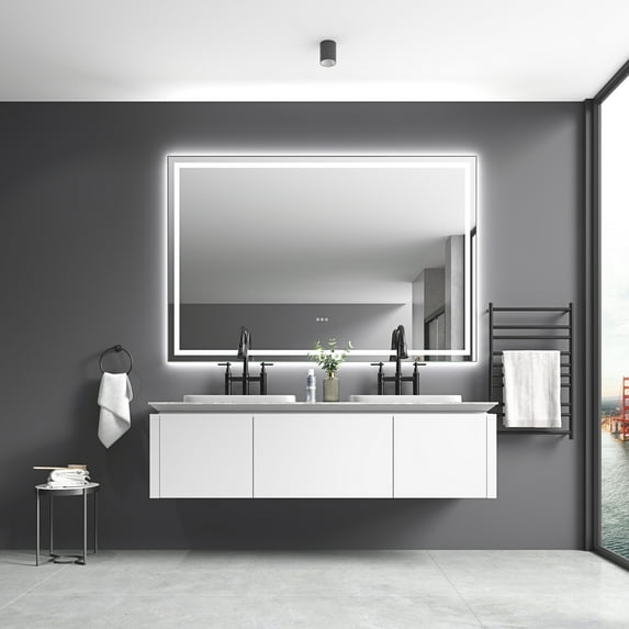 84 x 48 Inch LED Bathroom Mirror with Front and Backlight, Wall Mounted Vanity Mirror with Aluminum Frame, Anti-Fog, Memory, 3 Colors, Stepless Dimmable