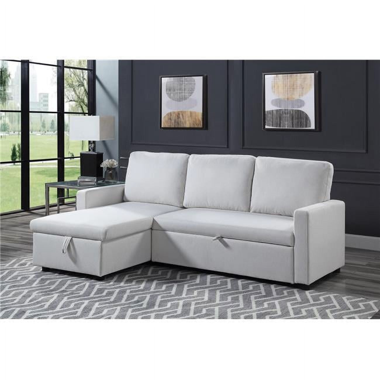 84 x 54 x 35 in. Hiltons Sleeper Sectional Sofa with Storage, White Fabric