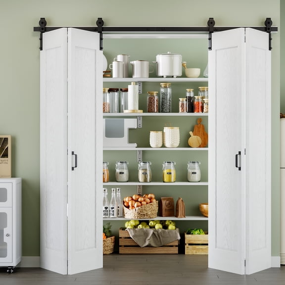 84'' x 84'' 1-Panel Molded Bifold Barn Doors and Hardware Included, White Smooth Paintable Solid Core Panels & Track Joint & Bi-fold Barn Door Hardware Kit