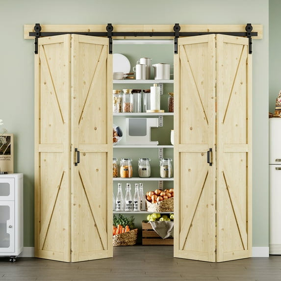 84'' x 84'' Bifold Barn Doors and Hardware Included, Unfinished Natural Pine Wood Pre-assembled Solid Core Panels & Track Joint & Bi-fold Barn Door Hardware Kit, K Frame-Fit Max Opening 78in x 84in