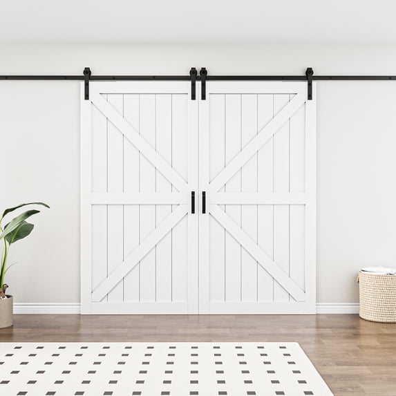 84'' x 84''Modern K Shape Primed Sliding Barn Door with Installation Hardware Kit (Double Door & Soft Close Optional)