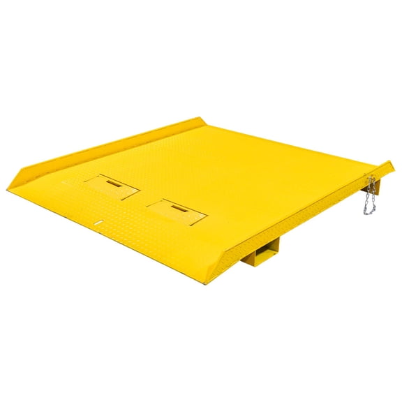84" x 96" Heavy Duty Shipping Container Ramp w/ Fold-Down Loop Flips, Safety Chain & Pin - Forklift Compatible - 15,000 lbs - Spray Paint Coated Steel - Yellow