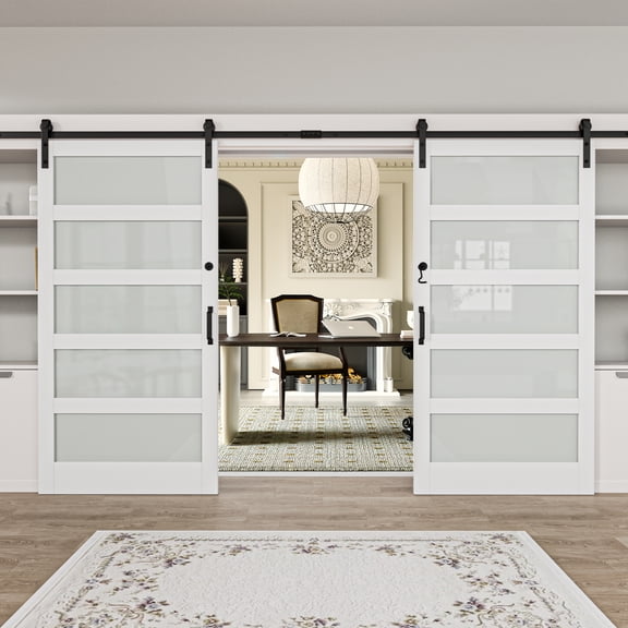 84"x84"(2 Sets of 42") Double Sliding Frosted Glass Barn Door with Installation Hardware Kit (Door Lock/Soft Close Included)