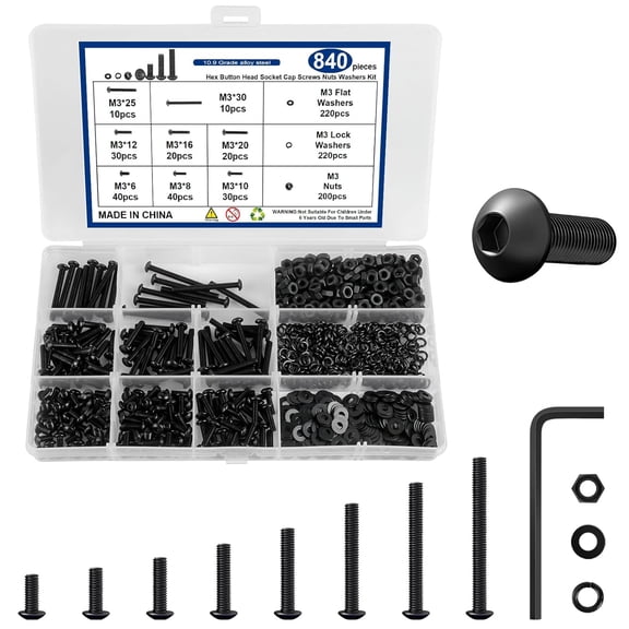 840 PCS M3 Screw Kit, M3 Hex Button Head Screws, Metric Machine Screw Assortment 8 Sizes 6MM to 30MM, 10.9 Grade Alloy Steel, Black Zinc Plated, with Hexagonal Wrench