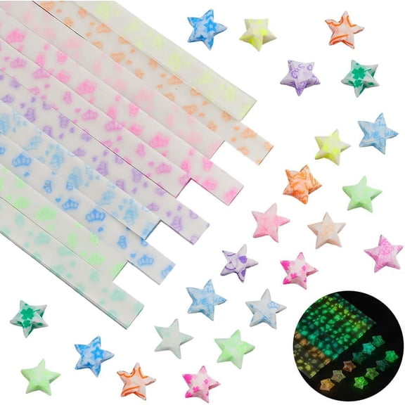 840 Sheets 10 Colors Luminous Origami Star Paper Strips Star Folding Paper Pink Purple Yellow Blue Green Colorful Stars Crown Pattern Paper for Crafts DIY Arts Projects Crafting Wedding Gift