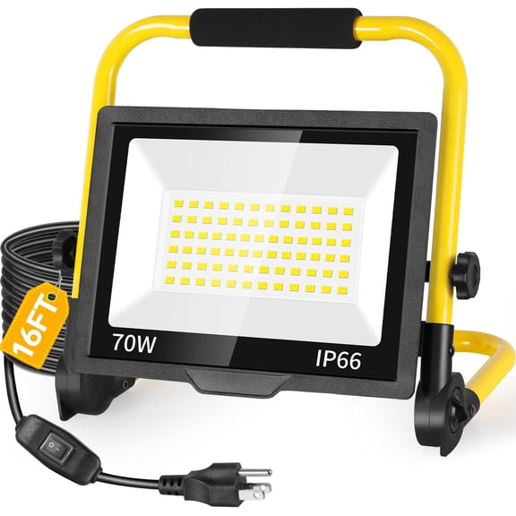 8400LM Work Light with 16FT Cord & , 70W Outdoor Flood Light, IP66 Portable Job Site Lighting with Stand, 5000K Dayight Worklight for Construction Garage Workshop Repairing