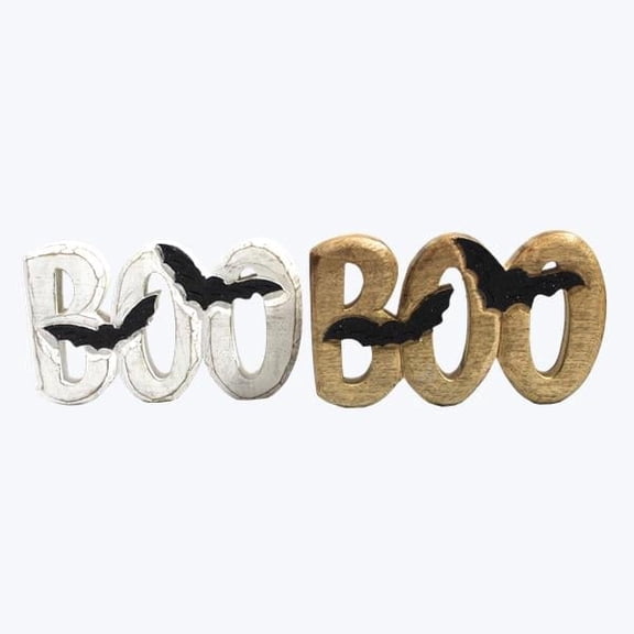 84077 - Young's Inc Wood Spooky Chic Carved "Boo" Tabletop Sign, 2 Assorted, 8-Inch