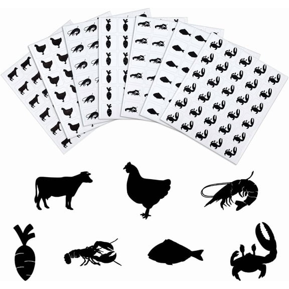 840pcs 7 Styles Black Meal Stickers 1 Inch Food Choice Sticker Fish/Crab/Beef/Chicken/Carrots/Lobster/Crayfish Wedding Meal Indicator Stickers Kitchen Stickers for Place Card Party Supplies DIY