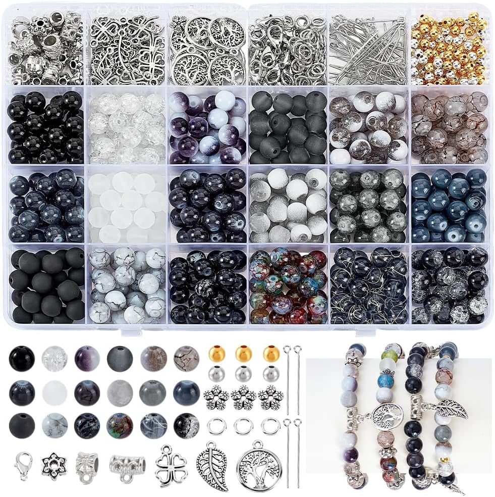 840pcs Bracelet Making Kit Black White Glass Beads Set 8mm Stone Beads Punk Style Spacers Charms Assorted Bead for Bracelet Necklace Jewellery Making DIY Crafts