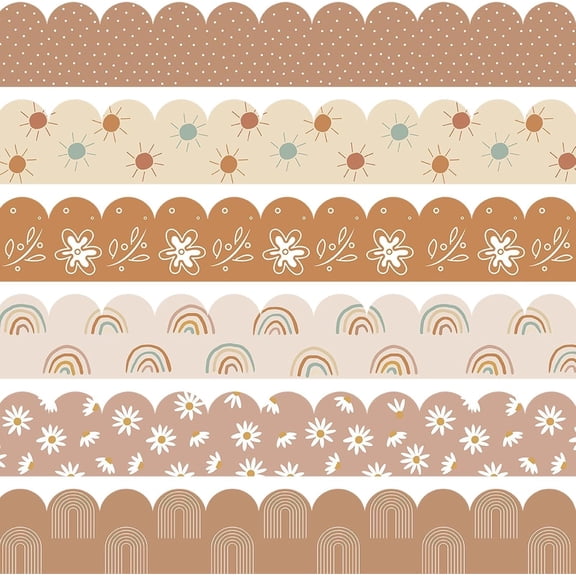 84Ft Boho Bulletin Board Borders, Boho Classroom Decorations, Retro Floral Daisy Sun Rainbow Dot Trim Borders for Teacher School Supplies Classroom Door Wall Decor, 6 Styles, Brown