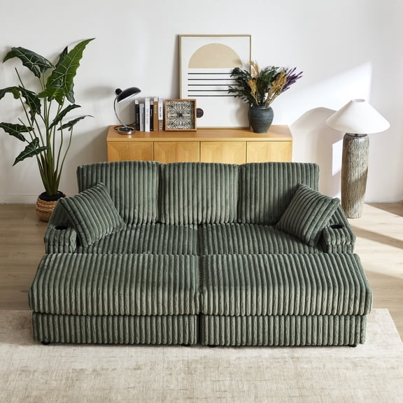 84Inch Soft Corduroy Sofa with Spring Cushions and Pedal Support / Cozy Seating for After-work Rest