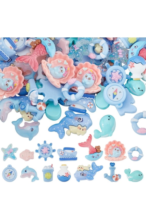 84Pcs 14 Styles Summer Resin Charms Blue Flatback Charms Ocean Life Flat Back Charm Starfish Fish Shell Whales Ships Beach Hawaii Cabochons for Crafts Embellishments Scrapbook Making DIY DIYDIY