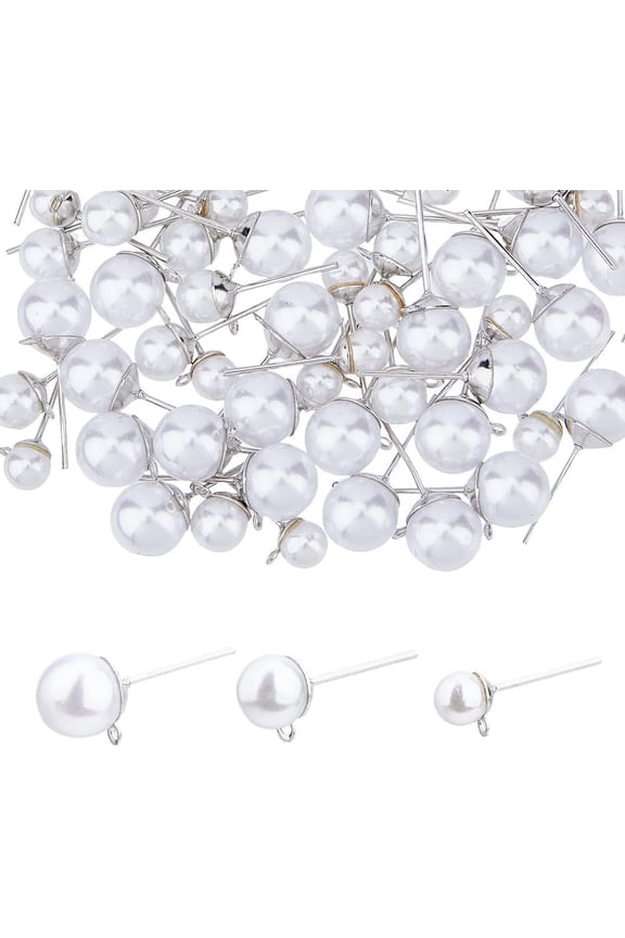 84Pcs 3 Size Faux Pearl Earring Posts With Loop and 90Pcs Plastic Ear Nuts - Stainless Steel Fashion Round Ball Posts for Jewelry DIY Making Silvery