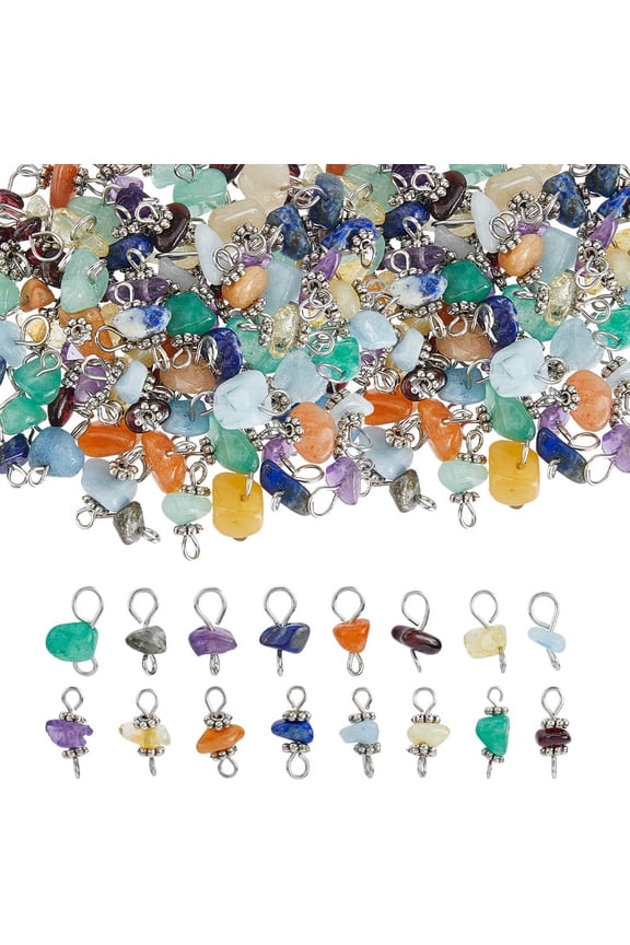 84Pcs 7 Colors Gemstone Chip Charms Natural Stone Link Charms Double Loops Connector Antique Silver Stone Charm DIY Jewelry Making for Necklaces Bracelets Anklets