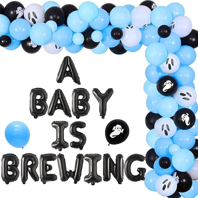 84Pcs a Baby Is Brewing Halloween Baby Shower Decorations Blue Black a Baby Is Brewing Foil Balloons Banner Ghost Balloon Garland Arch Kit for Halloween Themed Baby Shower Party Decor Supplies