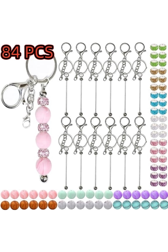 84Pcs Beadable Keychains Set,Keychains Bulk for keychain making Accessories with beadable keychain bar Silicone Beads Spacer Beads