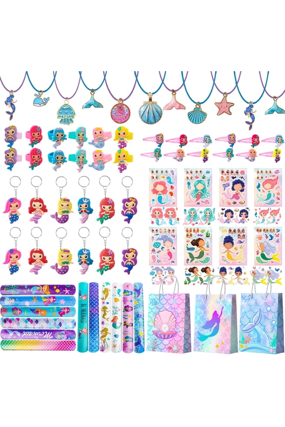 84Pcs Mermaid Party Favors for Boys & Girls Mermaid Rings, Keychains, Slap Bracelets, Bags, Hair Clips, Necklaces & More, Perfect for Mermaid Birthday Decor Supplies