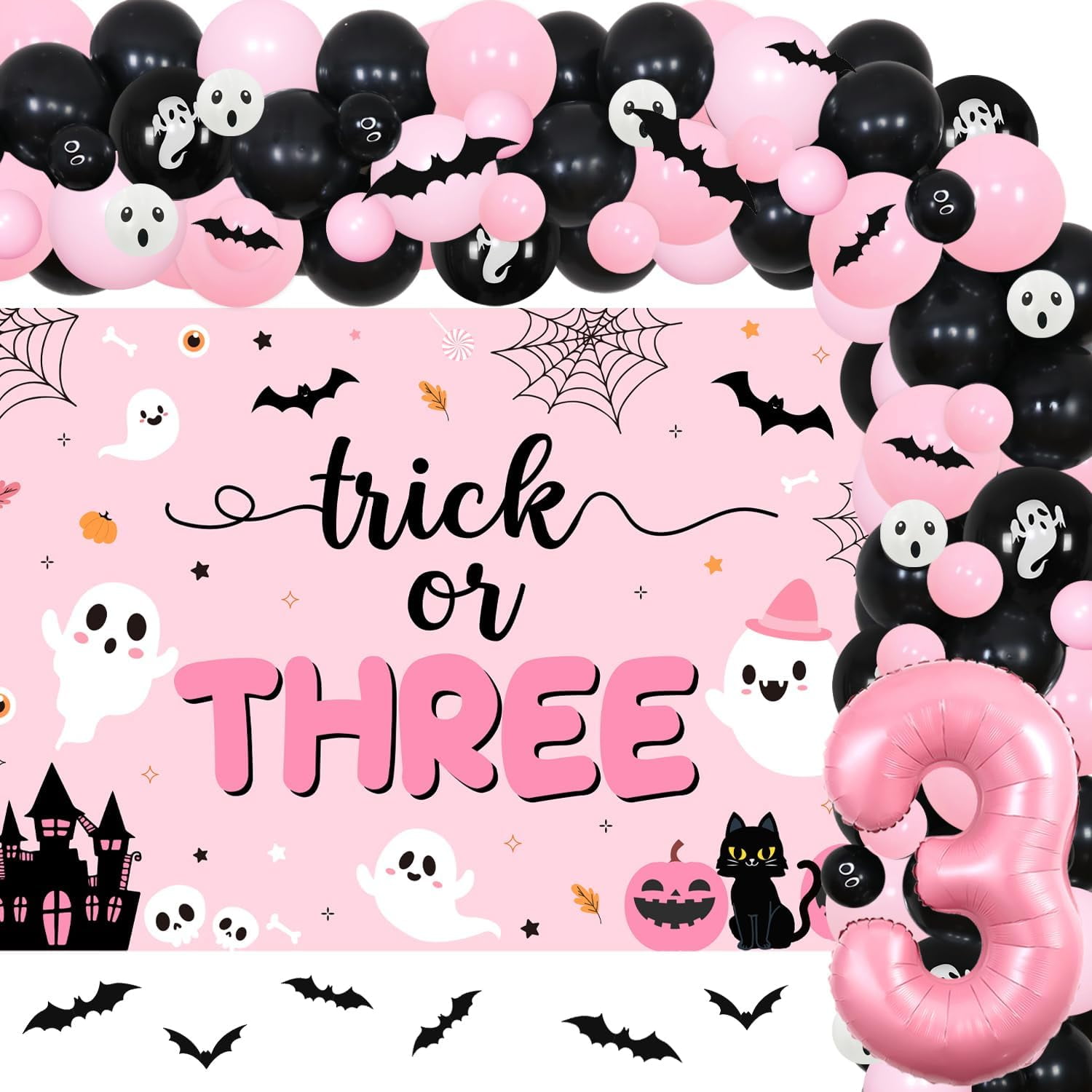 84Pcs Trick or Three Theme Halloween 3rd Birthday Party Decoration Pink Black Balloon Garland Arch Kit Number 3 Foil Balloon 3D Bat Wall Stickers for Girls Halloween Three Birthday Party Decor Favors